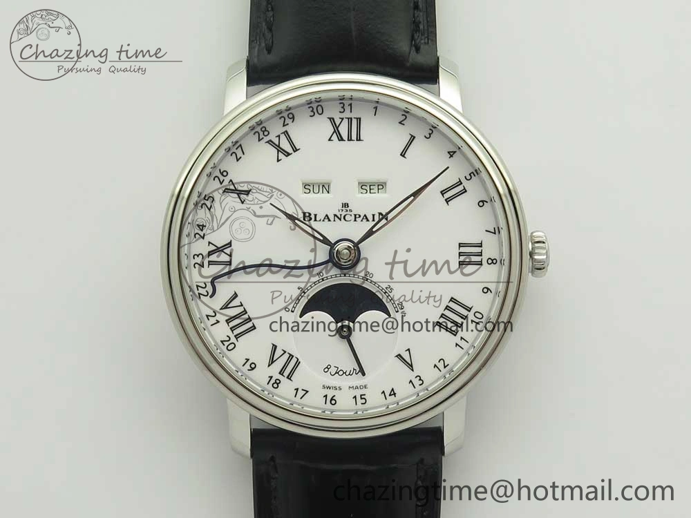 Villeret Quantième Complet 8 Jours SS Complicated Function OMF 1:1 Best Edition White Dial on Black Leather Strap A6639