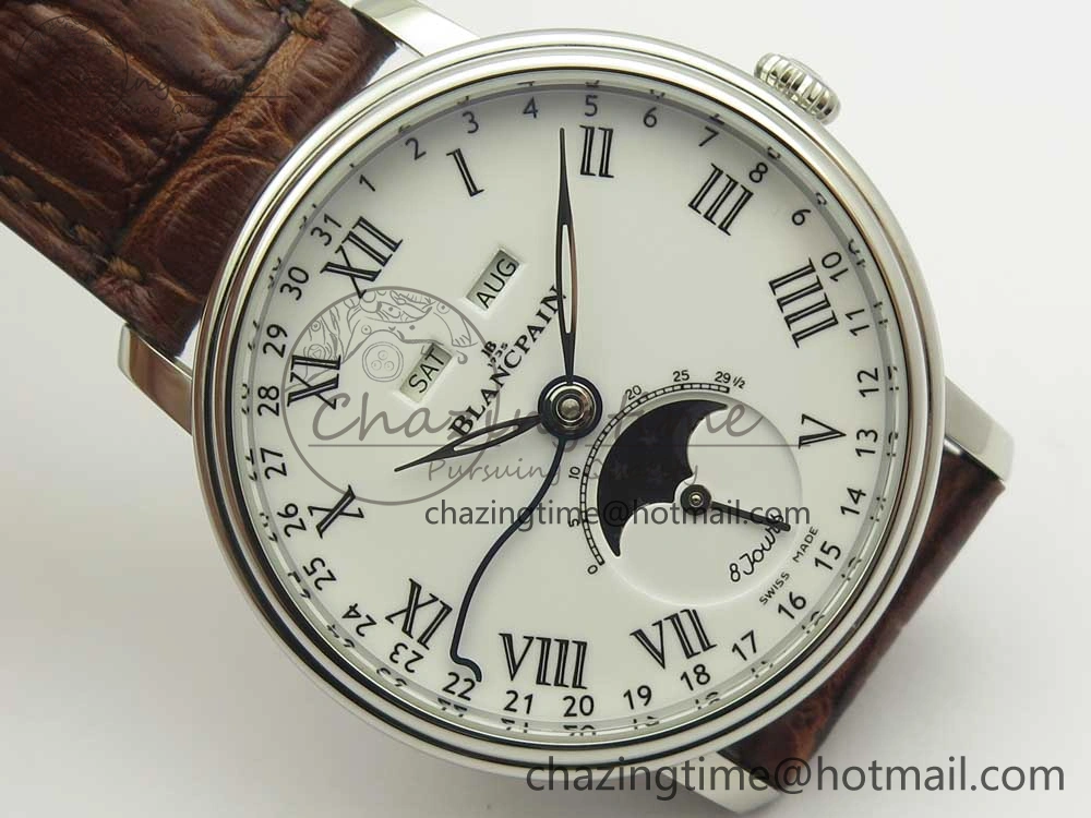 Villeret Quantième Complet 8 Jours SS Complicated Function OMF 1:1 Best Edition White Dial on Brown Leather Strap A6639