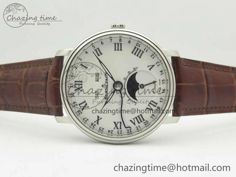 Villeret Quantième Complet 8 Jours SS Complicated Function OMF 1:1 Best Edition White Dial on Brown Leather Strap A6639