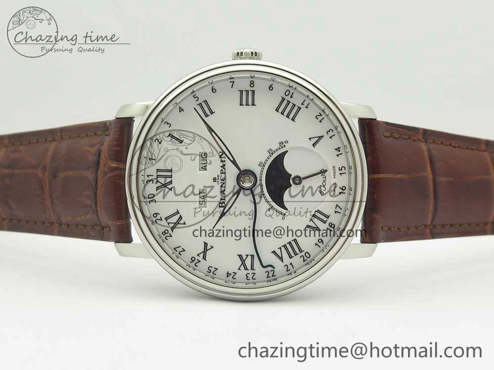Villeret Quantième Complet 8 Jours SS Complicated Function OMF 1:1 Best Edition White Dial on Brown Leather Strap A6639