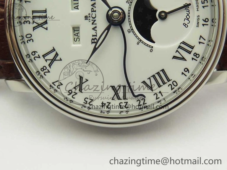 Villeret Quantième Complet 8 Jours SS Complicated Function OMF 1:1 Best Edition White Dial on Brown Leather Strap A6639
