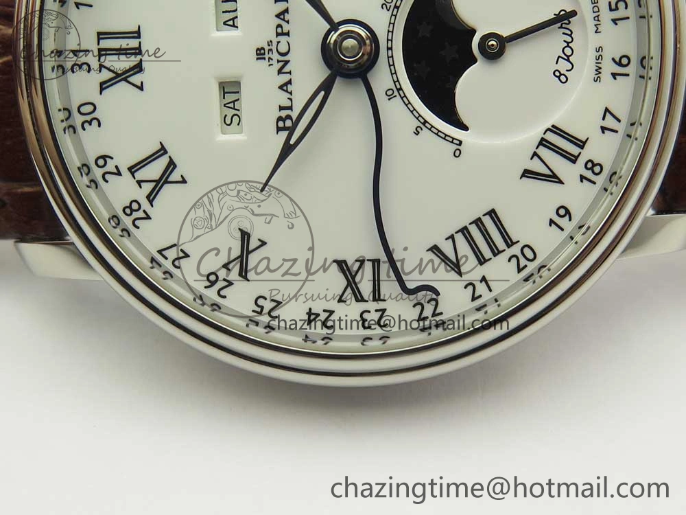 Villeret Quantième Complet 8 Jours SS Complicated Function OMF 1:1 Best Edition White Dial on Brown Leather Strap A6639