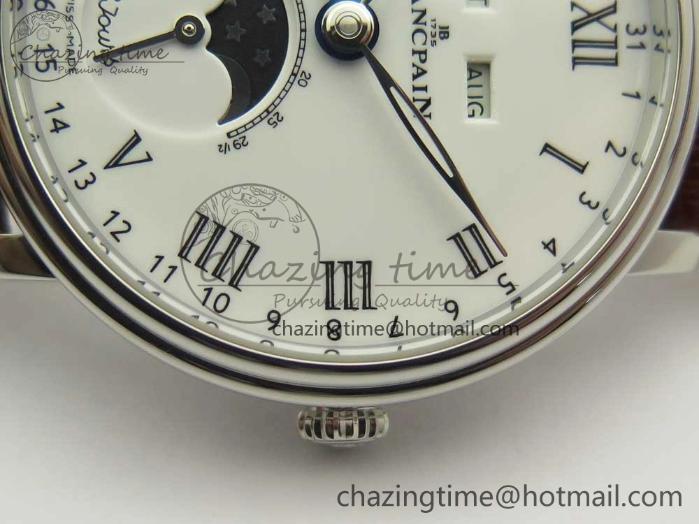 Villeret Quantième Complet 8 Jours SS Complicated Function OMF 1:1 Best Edition White Dial on Brown Leather Strap A6639