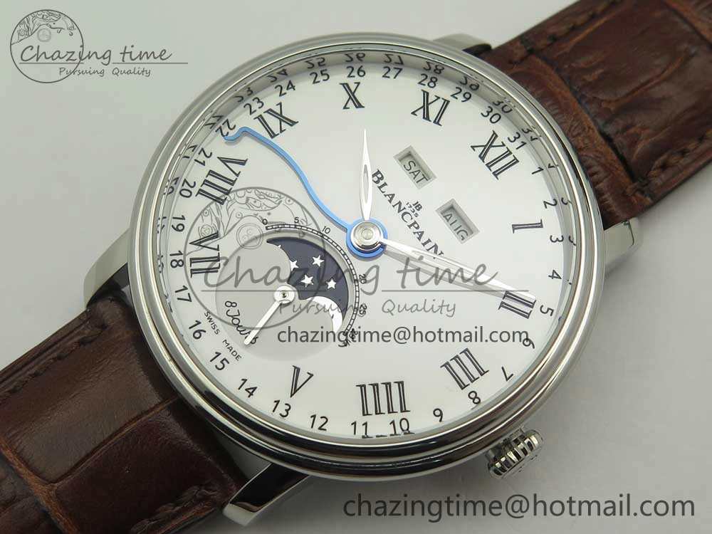 Villeret Quantième Complet 8 Jours SS Complicated Function OMF 1:1 Best Edition White Dial on Brown Leather Strap A6639