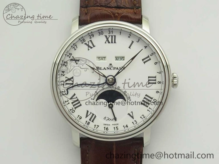 Villeret Quantième Complet 8 Jours SS Complicated Function OMF 1:1 Best Edition White Dial on Brown Leather Strap A6639