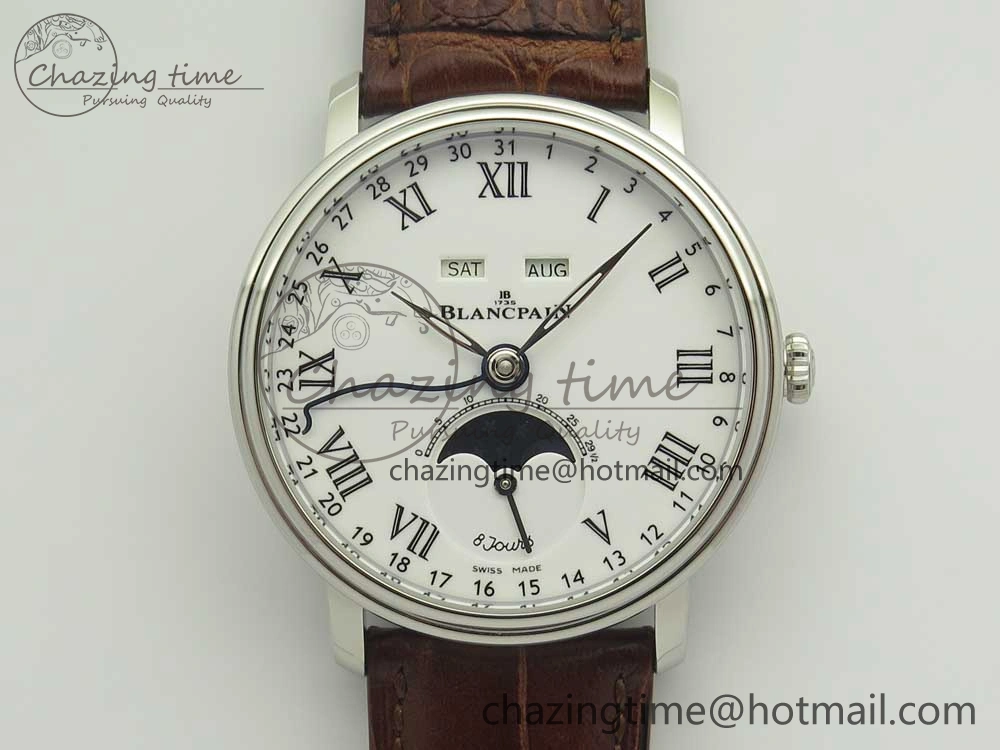 Villeret Quantième Complet 8 Jours SS Complicated Function OMF 1:1 Best Edition White Dial on Brown Leather Strap A6639