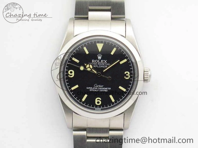 Vintage Explorer Ref.1016 Cartier Black Dial Cream Markers On SS Bracelet A23J