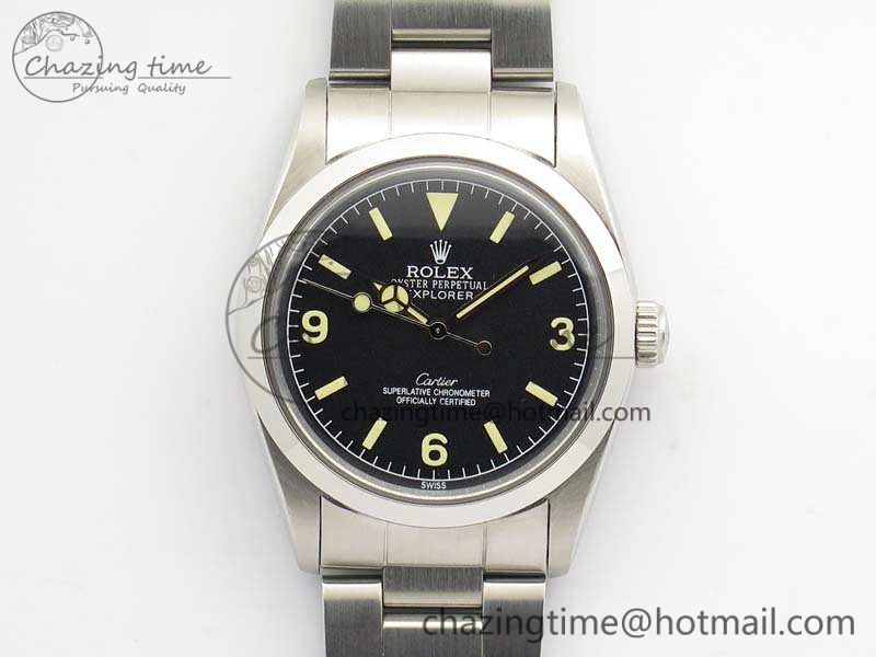 Vintage Explorer Ref.1016 Cartier Black Dial Cream Markers On SS Bracelet A23J