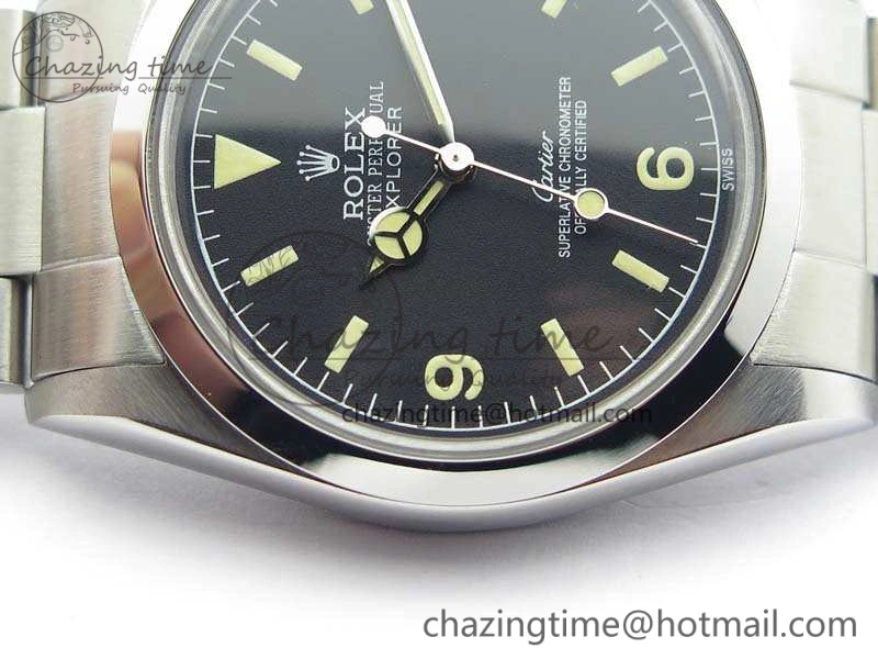 Vintage Explorer Ref.1016 Cartier Black Dial Cream Markers On SS Bracelet A23J