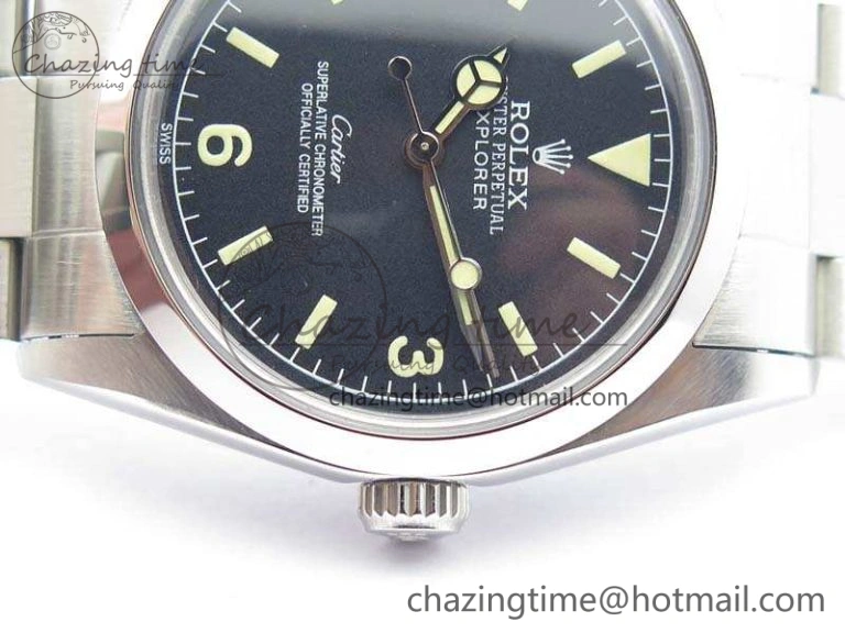 Vintage Explorer Ref.1016 Cartier Black Dial Cream Markers On SS Bracelet A23J