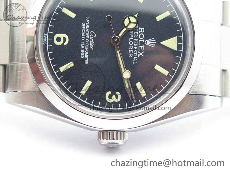 Vintage Explorer Ref.1016 Cartier Black Dial Cream Markers On SS Bracelet A23J