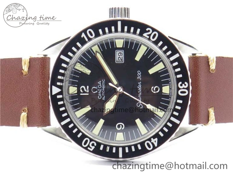 Vintage Seamaster 300 Date SS B12 Black Dial On Brown Leather Strap A2836 (Free Nylon Strap)