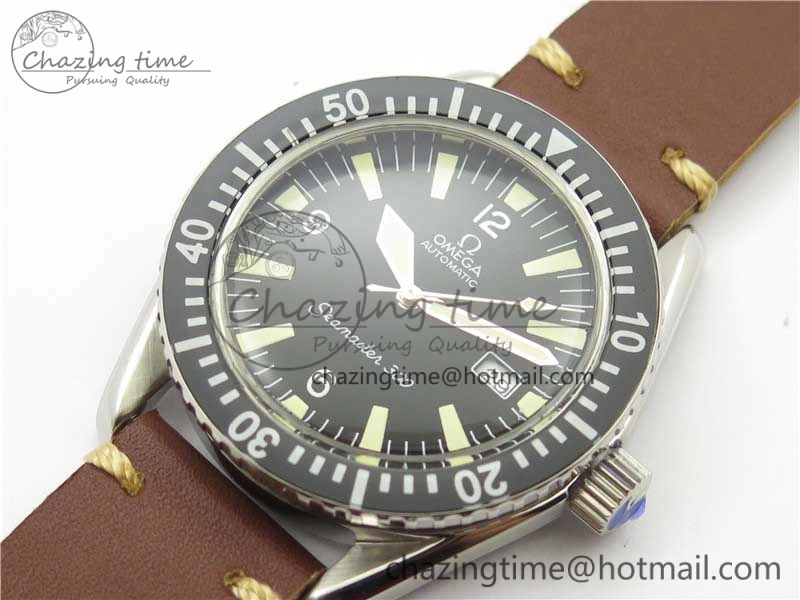 Vintage Seamaster 300 Date SS B12 Black Dial On Brown Leather Strap A2836 (Free Nylon Strap)